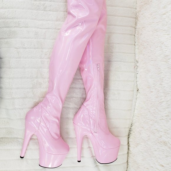 Sexy Thigh High Platform Boots Baby Pink Hologram - Picture 5 of 9
